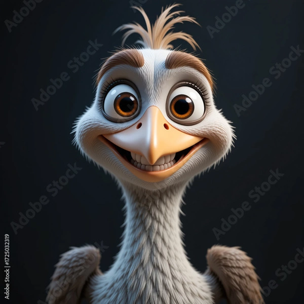 Fototapeta Anthropomorphic bird character with a joyful, cheerful expression, long beak and big eyes.