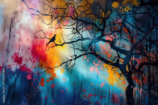 Fototapeta Silhouette of bird on abstract tree branches with vibrant splattered colors wallart