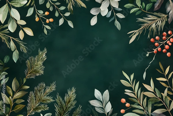 Fototapeta Elegant Christmas Background with a Botanical Frame of Winter Greenery. Festive Holiday Border with Pine, Eucalyptus, and Red Berries.