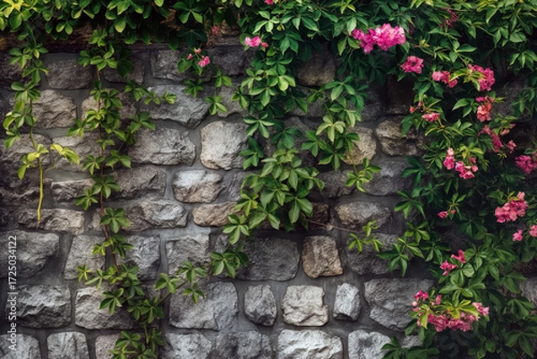 Fototapeta Rustic stone wall entwined with cascading green vines and blooming pink blossoms. A serene textured background blending rugged masonry and vibrant natural growth.
