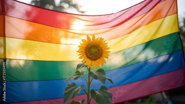 Obraz Bright sunflower blooms against a vibrant rainbow flag, symbolizing hope and pride in the sunshine.