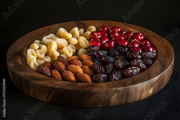 Fototapeta Healthy Snack Bowl with a Mix of Nuts and Fruits on a Dark Background.