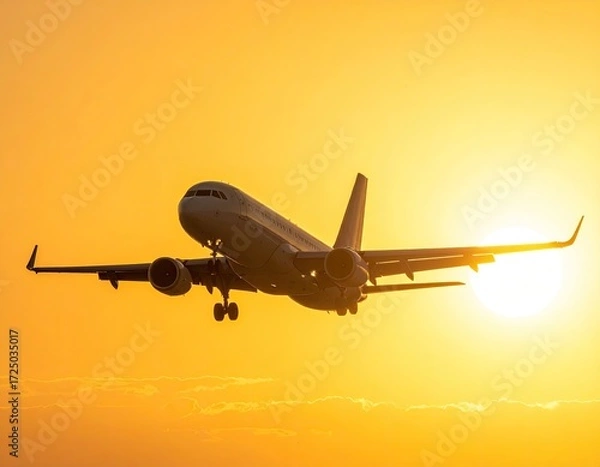 Fototapeta Airplane landing at golden sunset