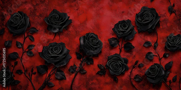 Fototapeta Dark Gothic Background with Black Roses on a Red Textured Wall.