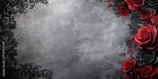 Fototapeta Dark Gothic Background with a Frame of Red and Black Roses. Moody and Romantic Floral Border