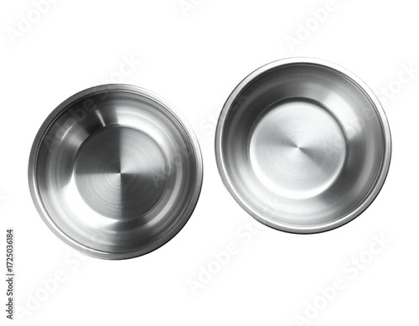 Obraz Two round stainless steel bowls, top view, reflective surfaces