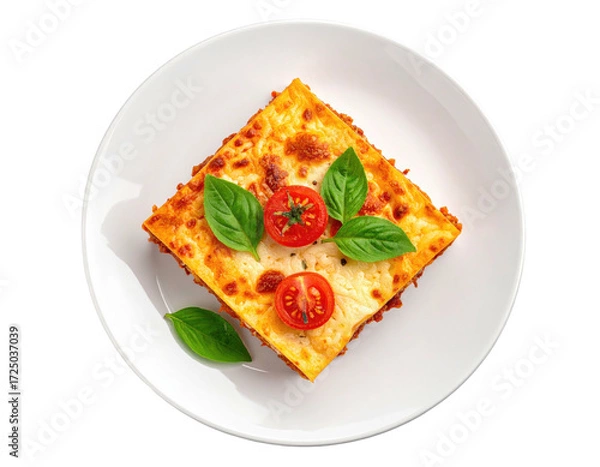 Obraz Square, cheesy lasagna dish on a white plate, garnished with cherry tomatoes and fresh basil leaves