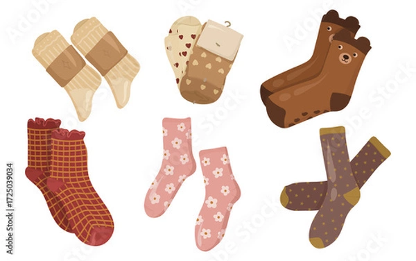 Fototapeta Set icon of cozy socks in different styles, colors, and patterns. Perfect for winter design, holiday cards, textile prints, seasonal branding, and hygge projects.