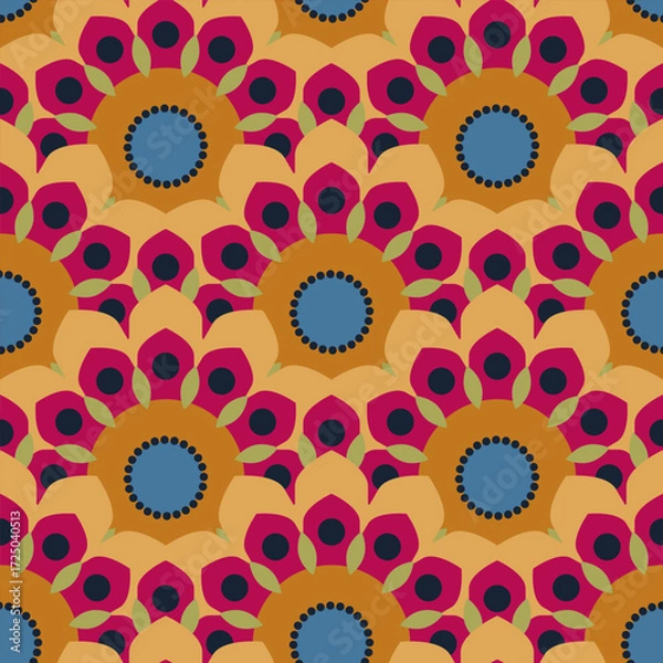 Fototapeta Seamless vector pattern. Bold abstract floral design in vibrant colors. Stylized petals and dots in retro-inspired arrangement. Vector Illustration.