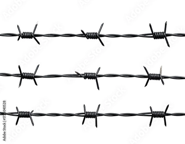 Obraz Close-up of three parallel rows of barbed wire against a black background.  Sharp points and twisted wire strands are clearly visible