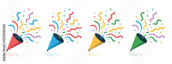 Fototapeta Party Icon Set – Colorful Confetti Popper Illustration Collection – Vector Celebration Symbols for Event, Holiday, Birthday, and Festival Designs – Fun Festive Graphics Pack