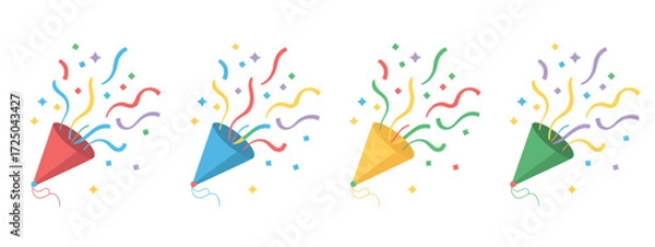 Fototapeta Party Icon Set – Colorful Confetti Popper Illustration Collection – Vector Celebration Symbols for Event, Holiday, Birthday, and Festival Designs – Fun Festive Graphics Pack