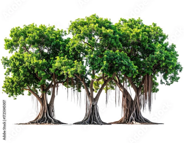 Fototapeta Lush, interconnected fig trees with vibrant green foliage and sprawling aerial roots against a black background