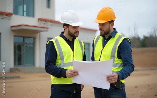 Fototapeta Construction workers discussing blueprint at building site. High quality