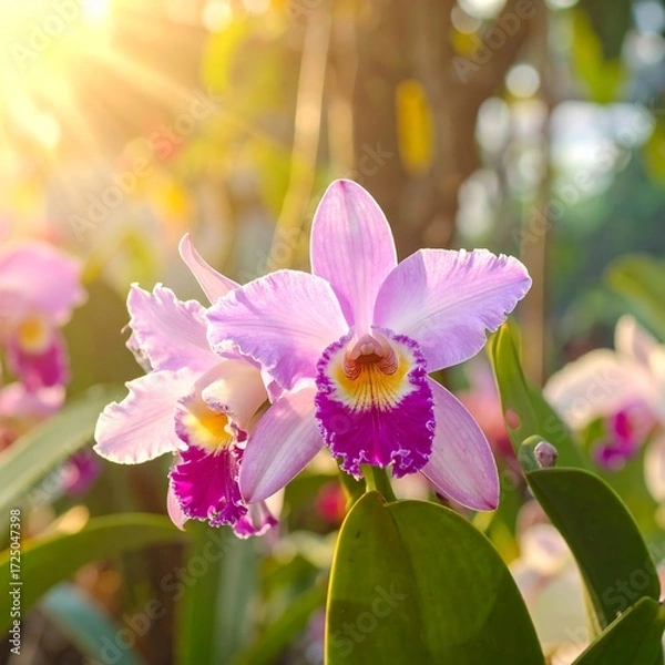 Fototapeta Delicate pink orchids in sunlight