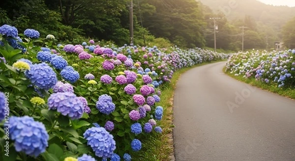 Obraz Hydrangea blossoms line winding road
