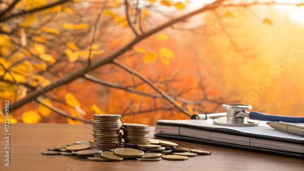 Fototapeta Healthcare Philanthropic Funding Stacks of coins and a stethoscope on a wooden table with autumn leaves in the background.