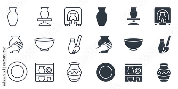 Fototapeta Collection of Pottery and Ceramic Art Icons on Light Background Featuring Vases, Bowls, Plates, Pottery Wheel, Hands Shaping Clay, and Painted Ceramics