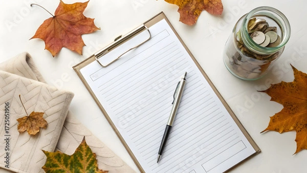 Fototapeta Healthcare Philanthropic Funding Clipboard with lined paper, pen, autumn leaves, a jar of coins, and a textured notebook on a white surface.