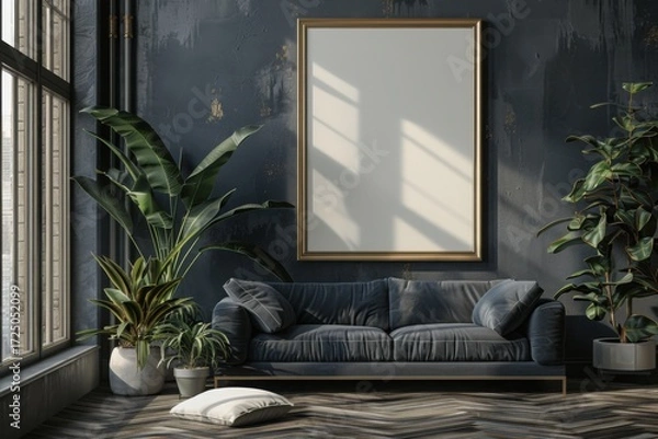 Fototapeta Frame mockup in modern dark home interior background, 3d render