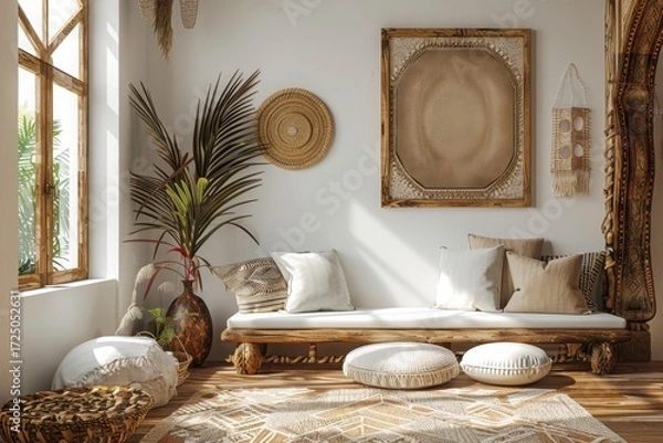 Fototapeta Frame mockup in nomadic boho kitchen interior with rustic decor, 3d render