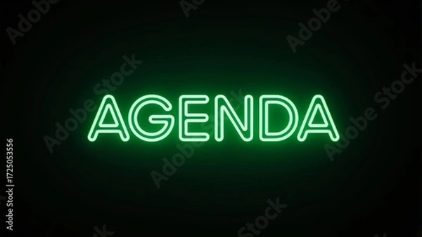 Obraz Photorealistic green neon 'AGENDA' text with slightly dimmer glow on dark gray background, original font style and minimal composition