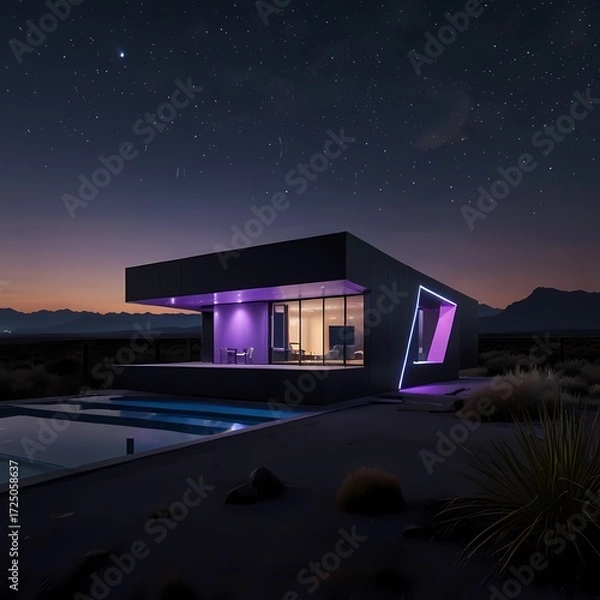 Fototapeta A futuristic house with a bold, avant-garde design, featuring sleek metallic curves that reflect the neon purple and blue lights emanating from its facade, set against a vast, starry sky with countles