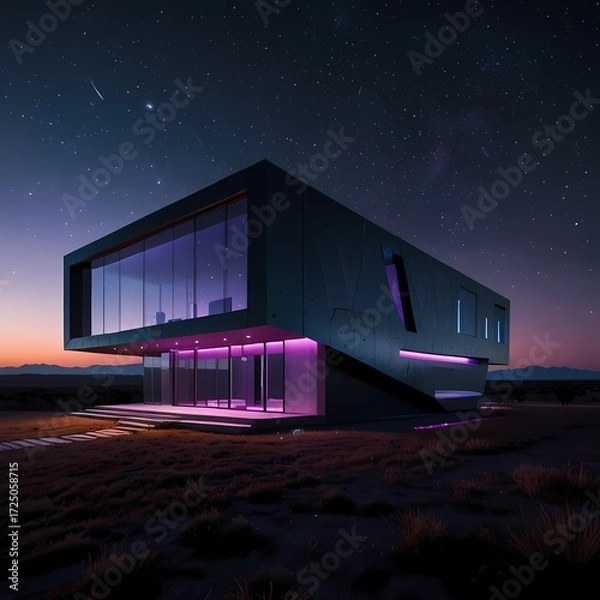 Fototapeta A futuristic house with a bold, avant-garde design, featuring sleek metallic curves that reflect the neon purple and blue lights emanating from its facade, set against a vast, starry sky with countles