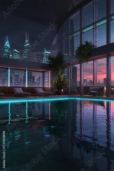 Fototapeta a liminal dreamscape photorealistic image of a futuristic swimming pool room with a luxurious pool and multiple high tech equipment and computer screens mixed with plants and neon light