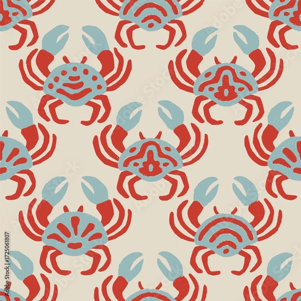 Fototapeta Bright seamless vector pattern with crabs. Red and blue marine animals on light background. Fun ocean-inspired motif in hand-drawn style. Vector illustration.