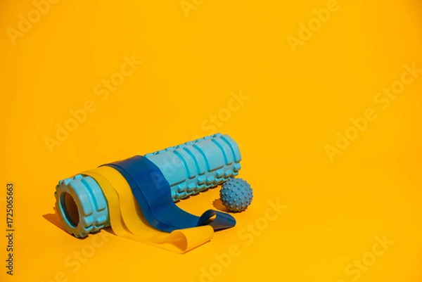 Fototapeta Foam roller with resistance bands and massage ball on vivid yellow background wellness recovery copy space. High quality photo