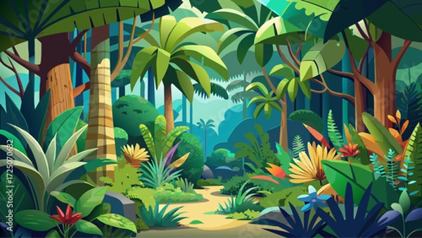 Fototapeta Tropical 3D paper cut jungle leaves, exotic rainforest plants, lush foliage border, botanical poster design, greenery frame, vibrant tropical forest background, vector illustration, summer paradise 