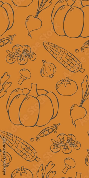 Fototapeta Seamless pattern with vegetables print. Good for textile, surface design, wallpapers, kitchen vibes, vegetarian posters, menu and recipes
