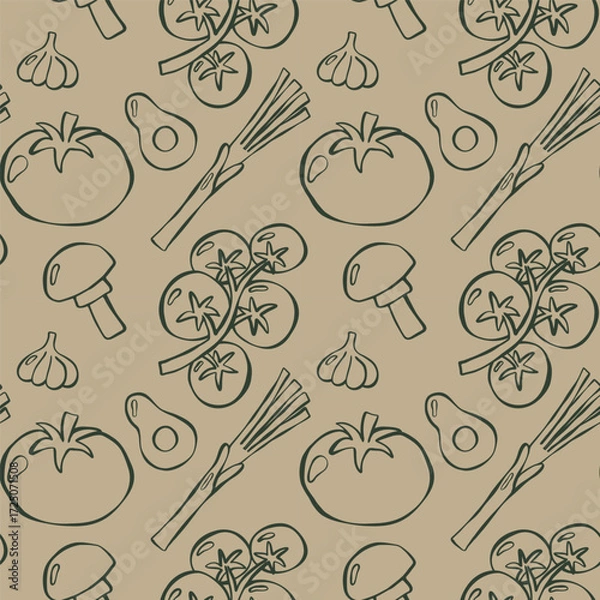 Fototapeta Seamless pattern with vegetables print. Good for textile, surface design, wallpapers, kitchen vibes, vegetarian posters, menu and recipes