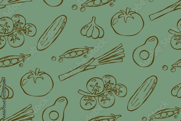 Fototapeta Seamless pattern with vegetables print. Good for textile, surface design, wallpapers, kitchen vibes, vegetarian posters, menu and recipes