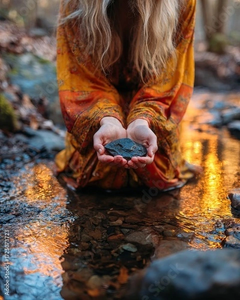 Fototapeta A serene scene of a person in a colorful dress holding a stone above a tranquil stream, reflecting warm light and surrounded by nature.