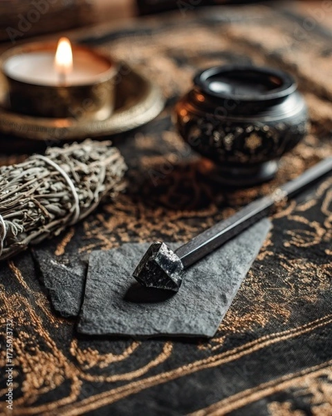 Fototapeta A serene arrangement featuring a candle, incense holder, sage bundle, and decorative elements on an ornate surface, evoking tranquility and mindfulness.