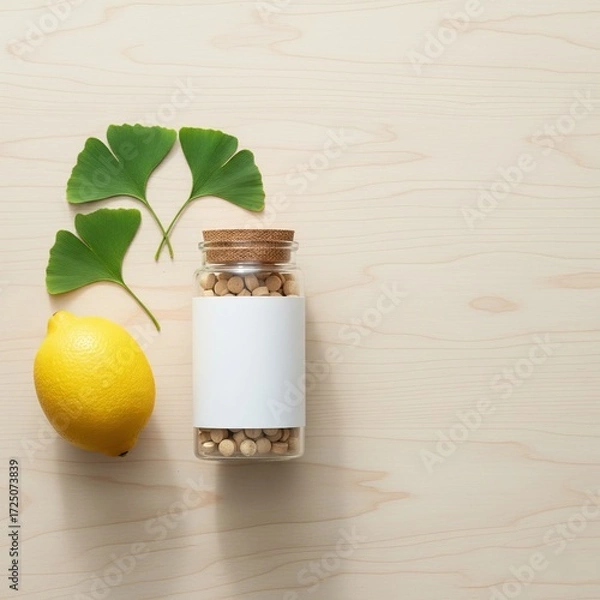 Fototapeta A glass jar mockup with herbal tablets sits beside a fresh lemon and green ginkgo leaves on a light wooden surface.