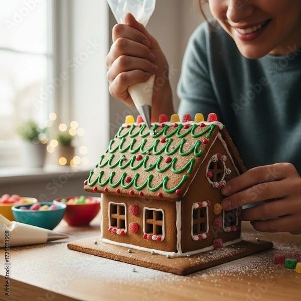 Fototapeta A person decorates a gingerbread house with colorful icing and candy, creativity and festive spirit in a cozy indoor setting.