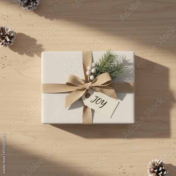 Fototapeta A beautifully wrapped gift adorned with a pine sprig and a tag set against a wooden background with pinecones sprinkled around.
