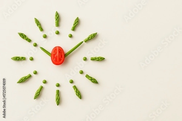 Fototapeta A intermittent fasting clock face made with asparagus, green peas, and a tomato, healthy eating and the passage of time.