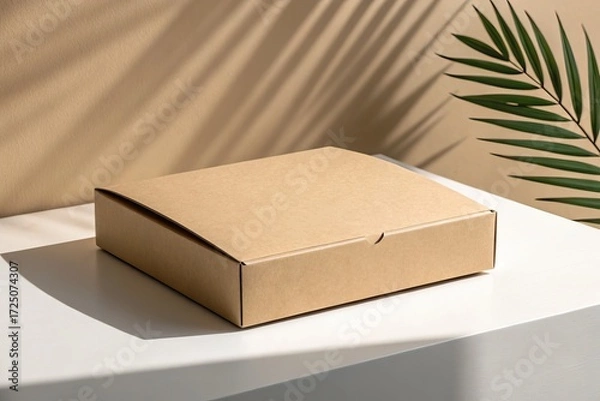 Fototapeta A simple, unadorned cardboard box mockup on a white surface, complemented by a green leaf and warm-toned wall, a minimalist aesthetic.