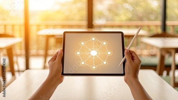 Fototapeta A person holds a tablet displaying a network diagram, with natural light streaming in from a window, suggesting creativity and innovation in a modern workspace.