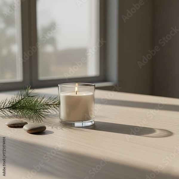 Fototapeta A serene candle glass mockup sits on a wooden table, accompanied by greenery, illuminated by soft light from nearby windows.