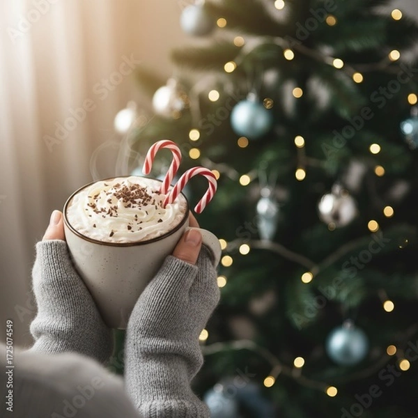 Fototapeta A cozy holiday scene featuring a person holding a warm cup of hot chocolate topped with whipped cream and candy canes, with a decorated Christmas tree in the background.