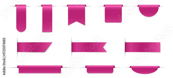 Fototapeta Set of pink bookmarks with shadows. Bent paper strips for marking pages. Long and short labels	
