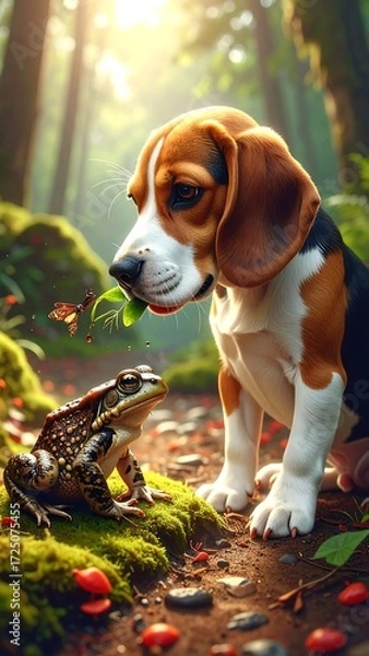 Fototapeta Dog and Frog in a Forest Scene