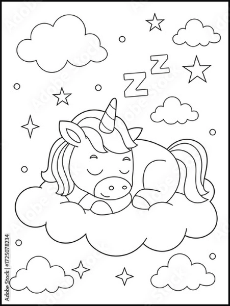Fototapeta Cute Sleeping Unicorn Coloring Page for Kids Featuring a Magical Cartoon Unicorn Resting on a Cloud with Stars and Moon