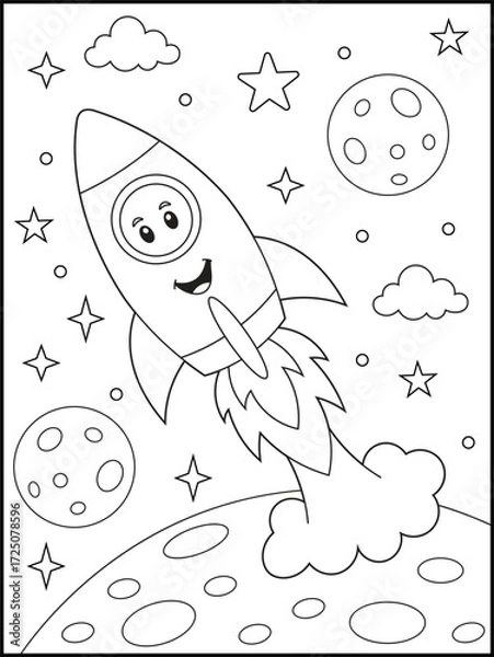 Fototapeta Cute Rocket Coloring Page for Kids Featuring a Smiling Cartoon Spaceship Flying in Outer Space with Planets, Stars, Clouds, and Moon. Fun Space Adventure Activity Sheet for Children