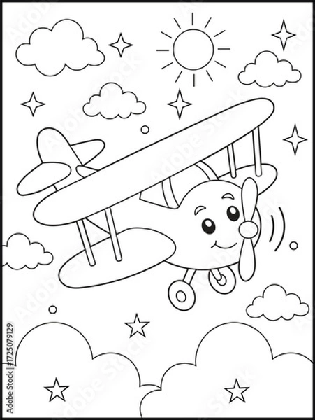 Fototapeta  Airplane Coloring Page for Kids Featuring a Smiling Cartoon Plane Flying in the Sky with Clouds, Sun, and Stars.
